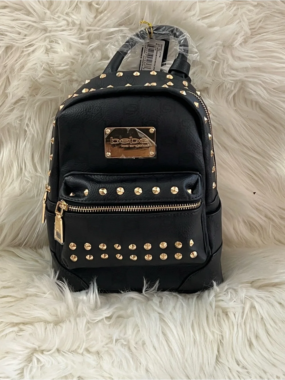 bebe Black Mini Studded Backpack with Gold Hardware